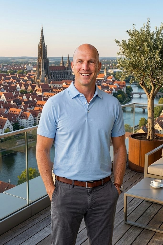 Christoph Amann auf einer Dachterrasse mit Blick über Ulm